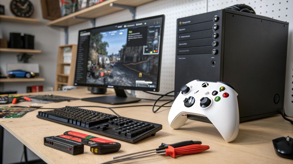 Illustration of a PC gaming setup with an Xbox controller, highlighting game modification and creative customization, representing the concept of modding Xbox games on PC