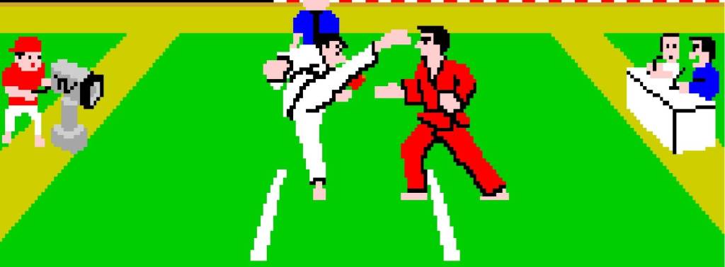 Two players competing in Karate Champ vs mode on retro hardware