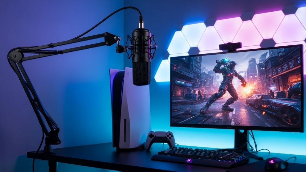 Gaming microphone with pop filter mounted on boom arm above PS5 gaming setup with LED lights