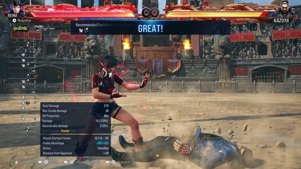 Tekken 8 move breakdown displaying on block advantage and punish threshold