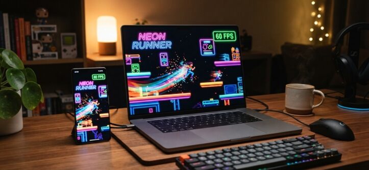 Laptop displaying a fast casual browser game with a 60FPS counter.