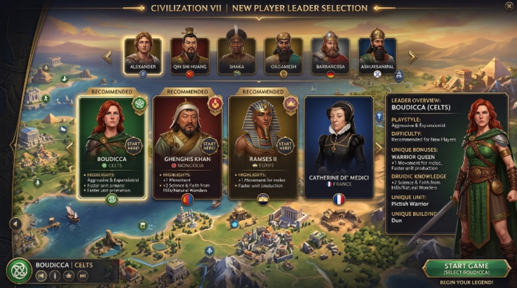 Civilization VII leader selection screen for new players