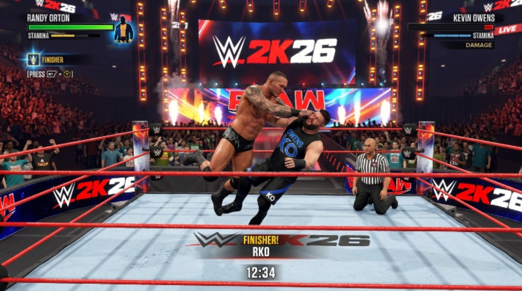 Player executing finishing move in WWE 2K26 ring