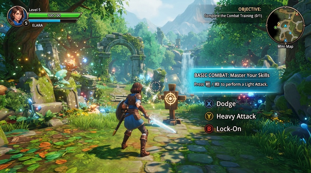 Colorful action video game screen displaying beginner difficulty settings and simple controls.