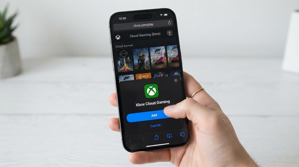 iPhone Safari browser screen showing option to add cloud gaming app to home screen.