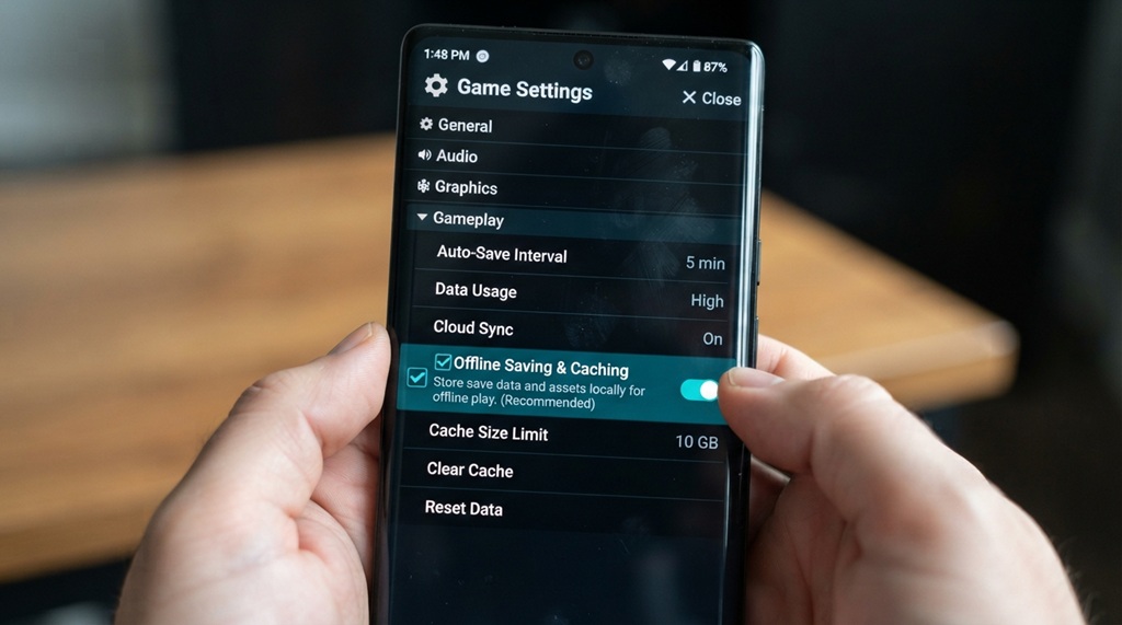 Android phone screen highlighting the in-game settings menu for offline saving.