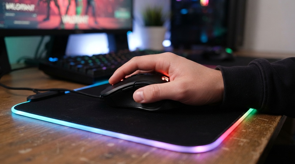A gamer holding an ergonomic gaming mouse on a glowing pad.