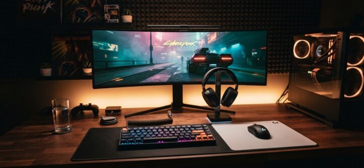 A clean gaming desk with an RGB keyboard, mouse, and headset.