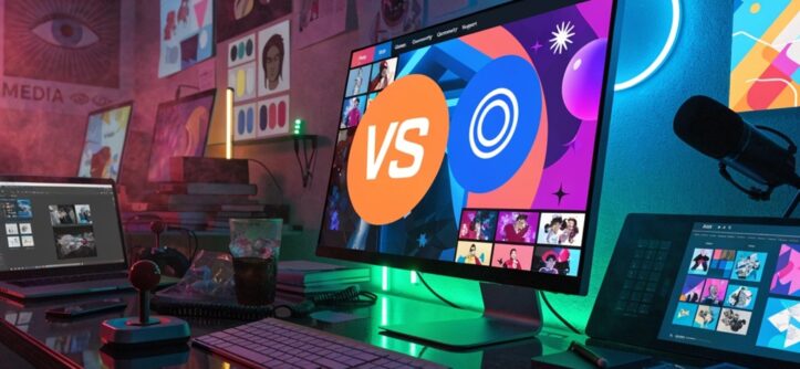 Laptop displaying fighting game website layout next to arcade stick.