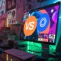 Laptop displaying fighting game website layout next to arcade stick.
