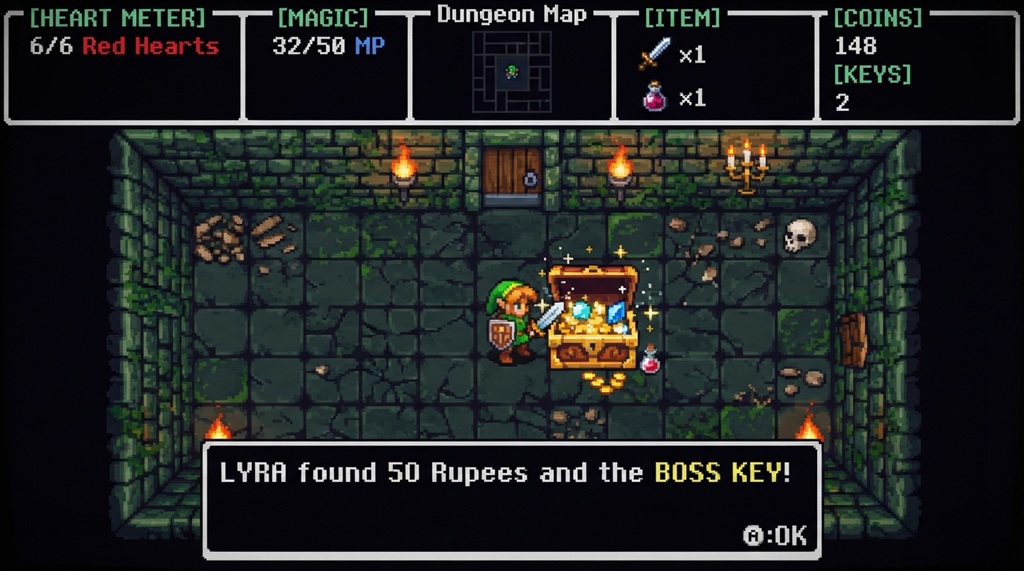 A retro pixel art character opening a treasure chest inside a dungeon.