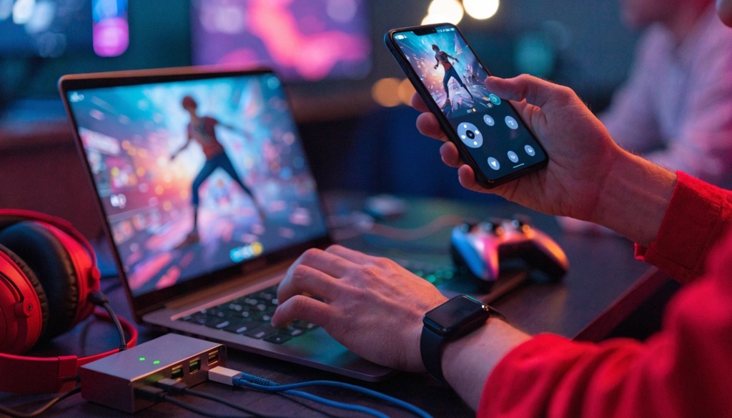 Person playing a fast browser adventure game on a modern laptop.