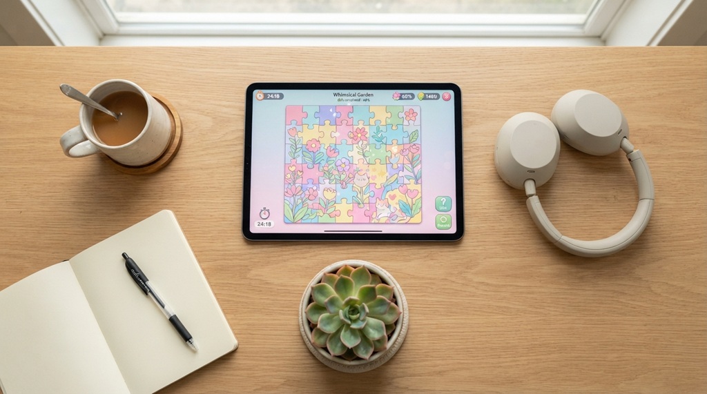 A tablet on a light wooden table displaying a colorful free online puzzle game.