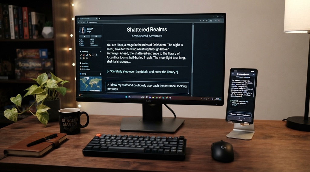 Desktop monitor and mobile phone running browser text RPG games side by side.