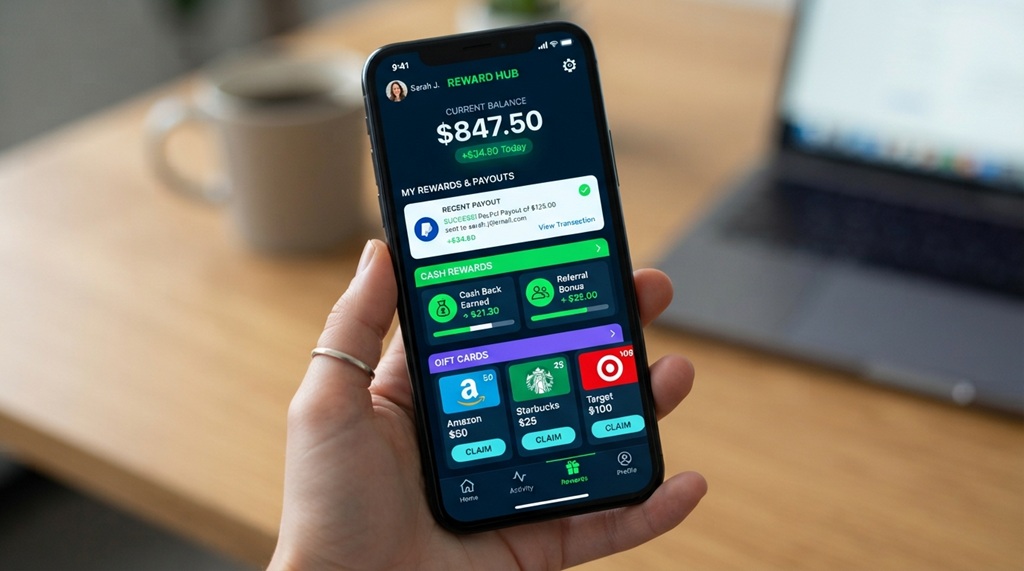 A mobile screen displaying digital cash rewards and payout notifications from casual gaming.