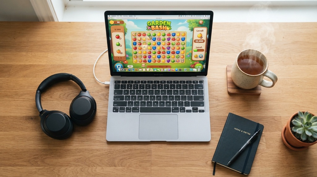 Laptop open on a desk showing an online casual game next to tea.