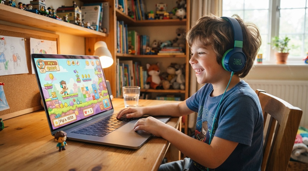 A young boy using headphones while enjoying a colorful cartoon adventure game on a laptop.