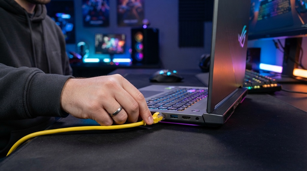 Person plugging a yellow ethernet cable into a laptop on a neon desk.