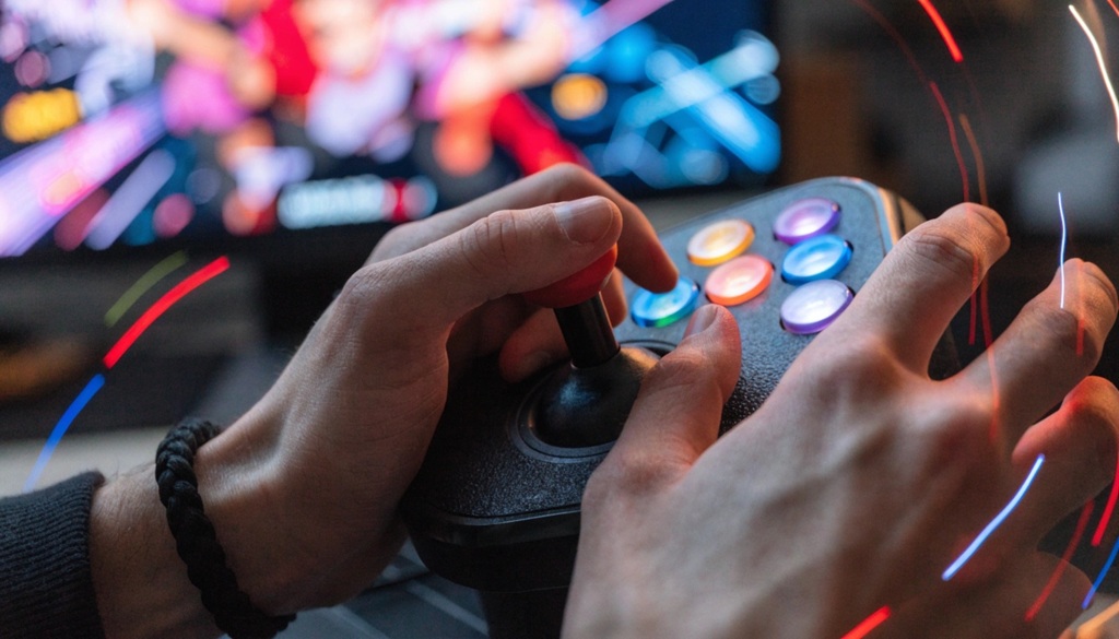 Gamer hands playing fighting game on arcade fight stick