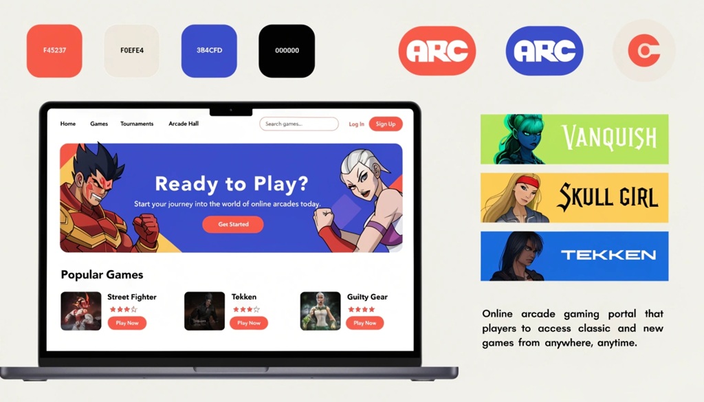 Web design mockup showing brand colors and online gaming portal graphics.