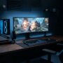 Gaming desk with a monitor displaying an action game without ads.