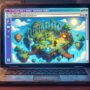 Glowing laptop screen displaying a colorful 3D mini fantasy adventure game world.
