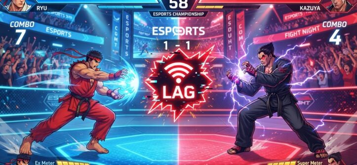 Two video game characters fighting on screen with a red network lag icon.