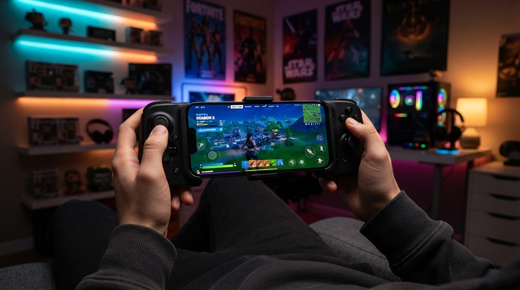 Hands holding an iPhone attached to a mobile controller playing Fortnite in landscape mode.