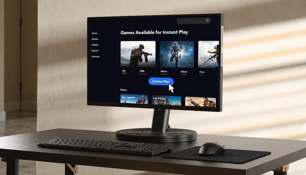 Desktop browser displaying a cloud gaming platform loading an action game online for free.