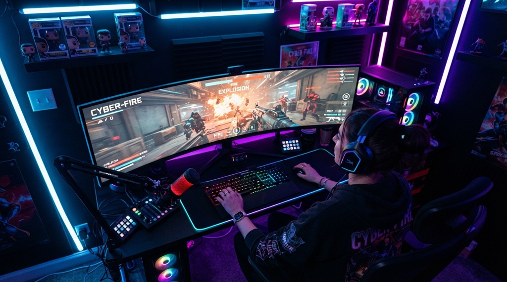 Person wearing a headset playing an intense video game on a curved monitor in a dimly lit room.