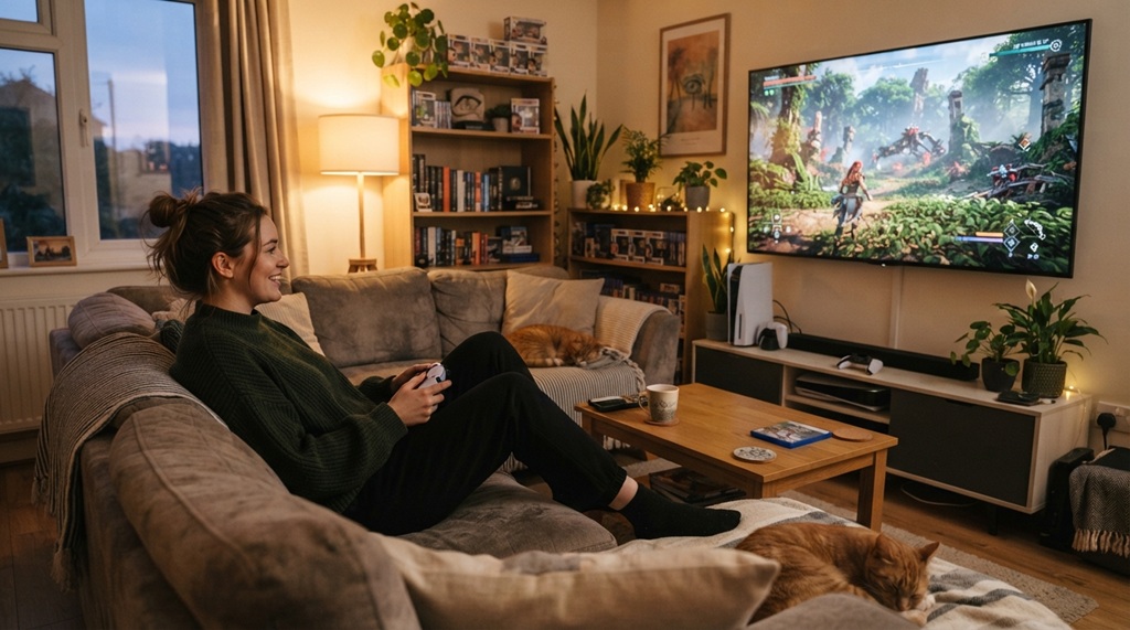 Person sitting on a couch comfortably playing an action video game on a television.