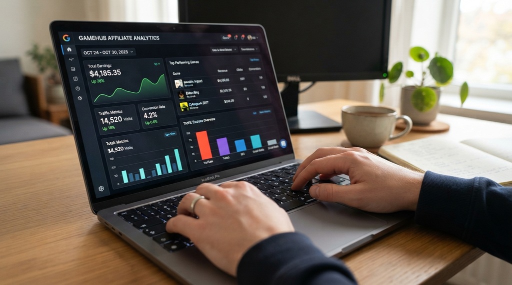 Person typing on a laptop displaying a financial performance chart with colorful traffic bars.