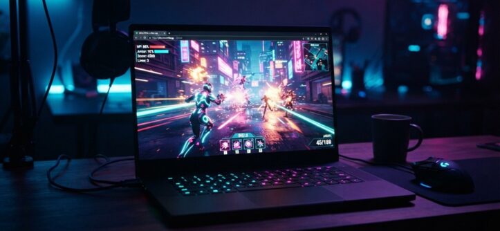 Laptop displaying a high-graphics browser action game on a dark desk.