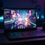 Laptop displaying a high-graphics browser action game on a dark desk.