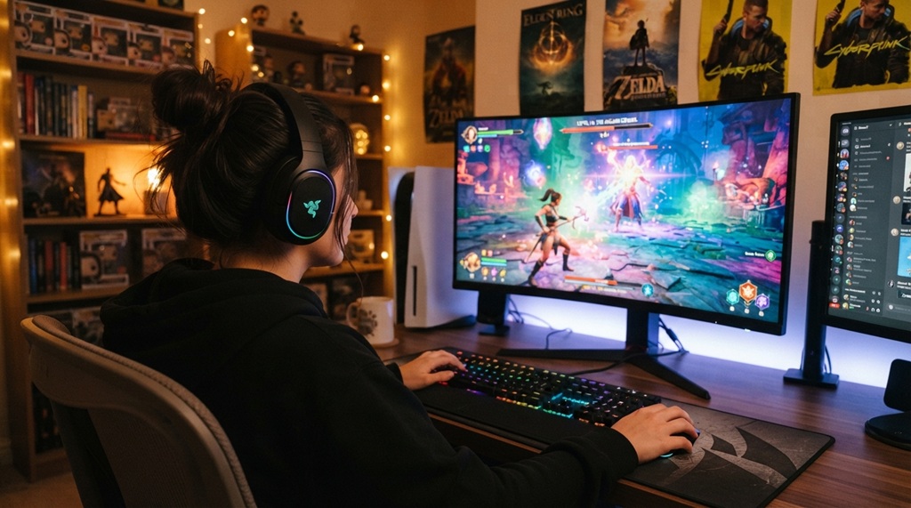 Person wearing a headset playing a video game on a monitor.