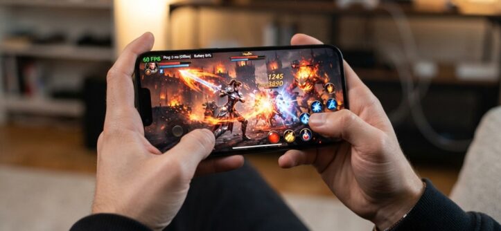 Smartphone playing intense offline action game displaying smooth high FPS counter.