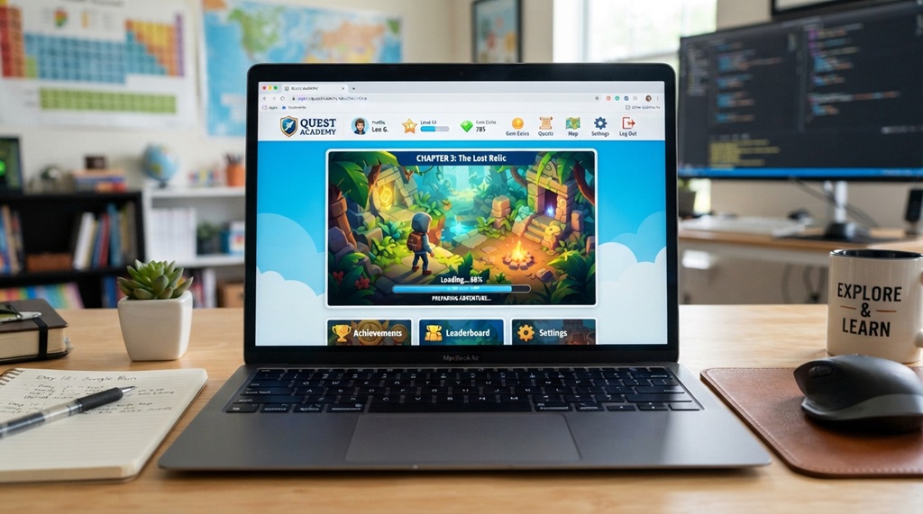 A laptop screen displaying a free unblocked adventure game running smoothly in browser.
