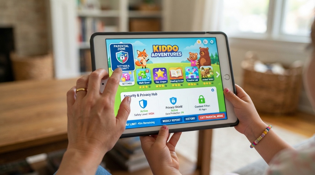 A close-up of a tablet showing parental control settings on a kids adventure game.