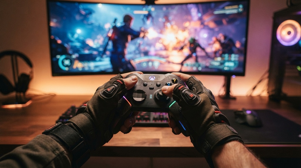 Hands wearing tactical gaming gear while playing action video games on PC.