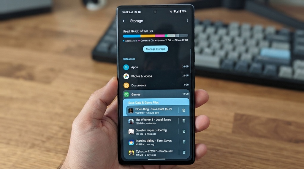 Smartphone displaying Android storage settings to manage offline casual game data.