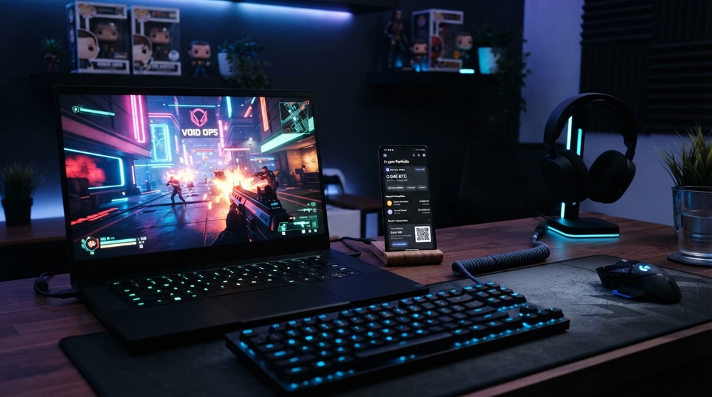 Laptop screen displaying action game next to digital payment wallet on smartphone.