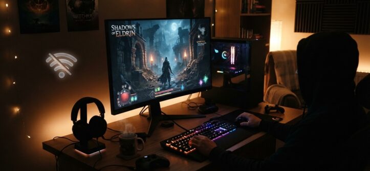 Gamer playing an atmospheric story adventure game on PC desktop monitor.