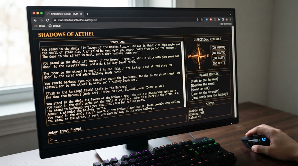 Web browser window displaying text choice options and interactive narrative prompts.