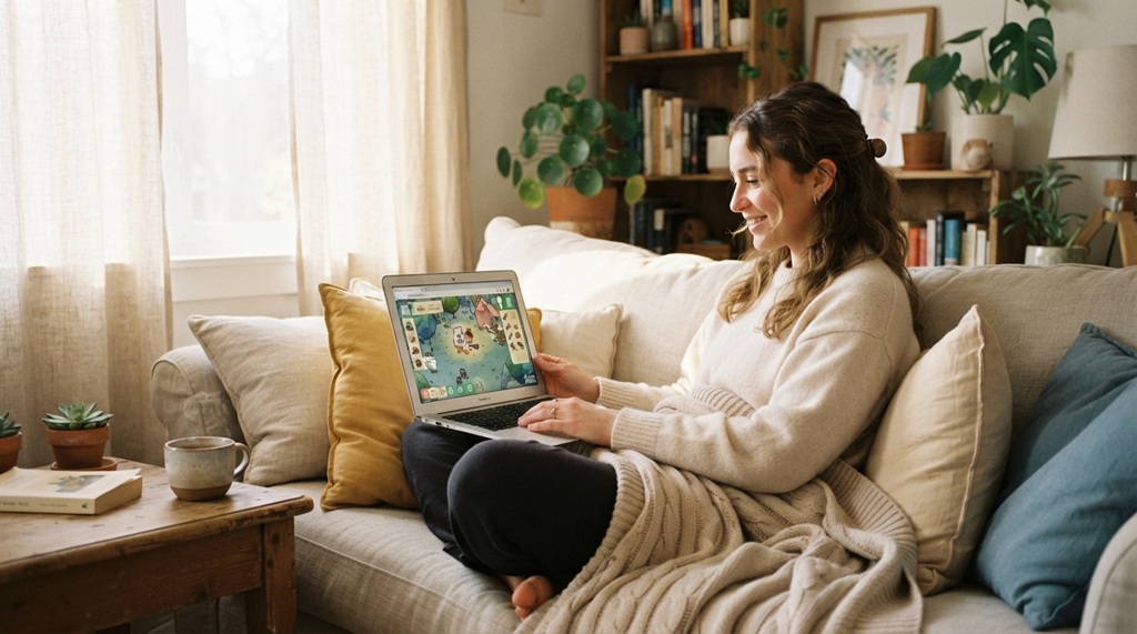 A person relaxing on a sofa while playing a calm browser game on a laptop.
