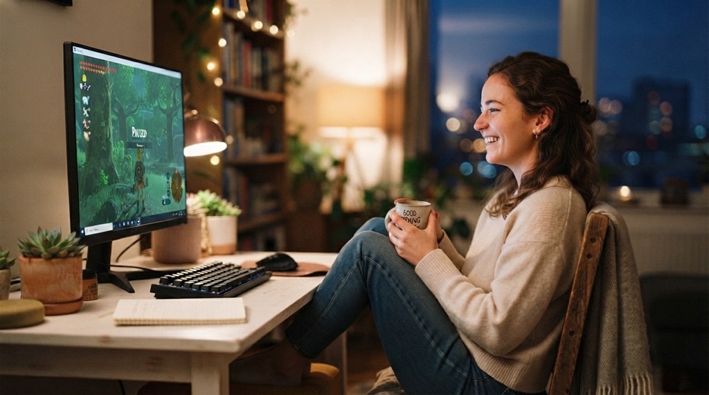 Woman smiling at a computer screen while unwinding with casual games.