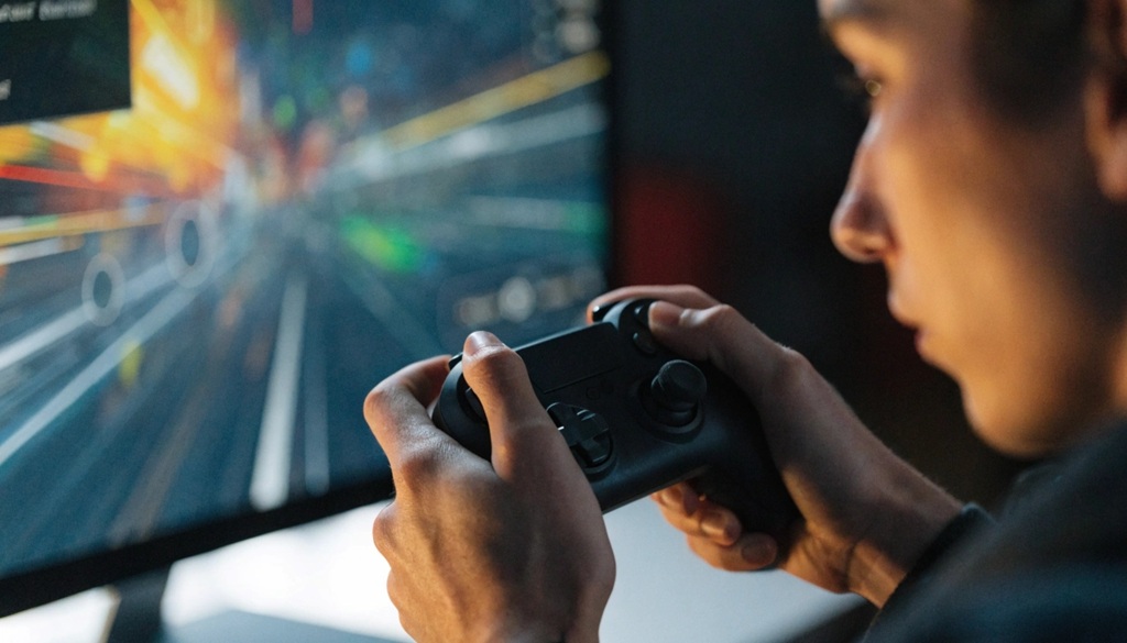Hands holding a game controller playing an online action game on a laptop screen.