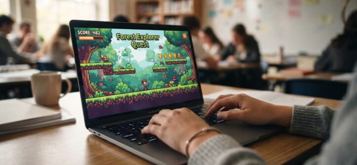 A student playing an unblocked adventure game on a laptop at school.