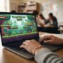 A student playing an unblocked adventure game on a laptop at school.