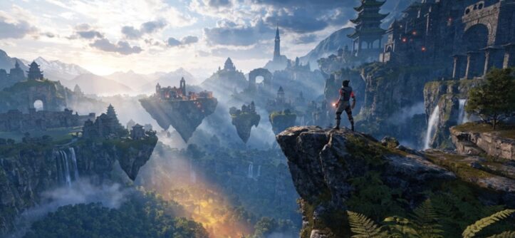 Fantasy game character standing on a cliff looking at glowing floating islands.