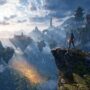 Fantasy game character standing on a cliff looking at glowing floating islands.
